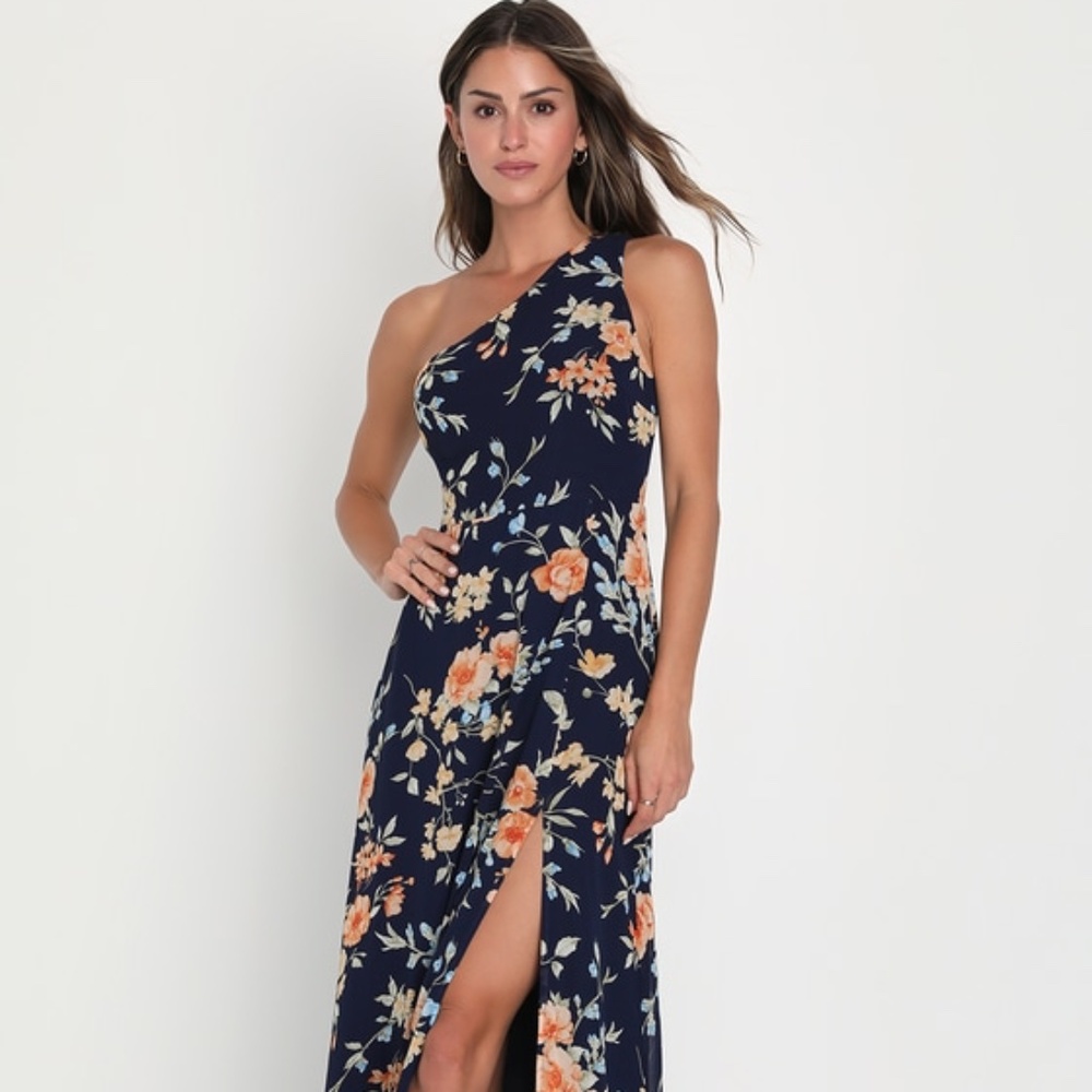 Lulus Elegant Admiration Navy Blue Floral One-shoulder Maxi Dress - Size XXL